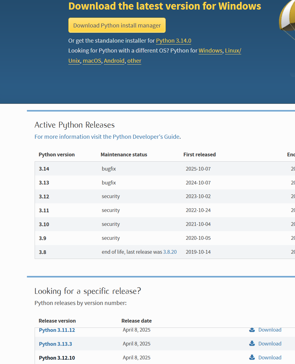 screenshot of the python3 downloads page